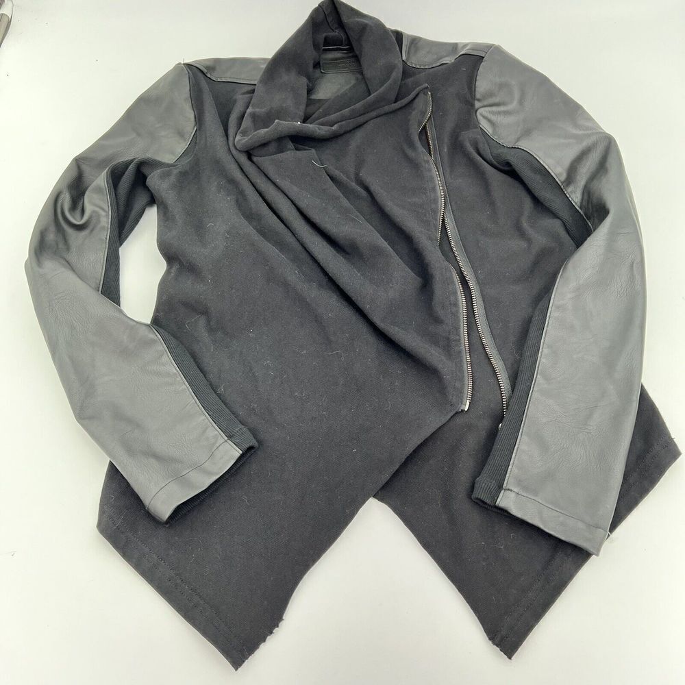 BLANKNYC Moto Jacket Womens M Black Faux Leather Draped Zip Front Long Sleeve